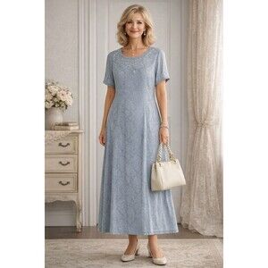 Vintage Sarah Elizabeth Blue Dress Midi Floral Jacquard Modest Church 90s